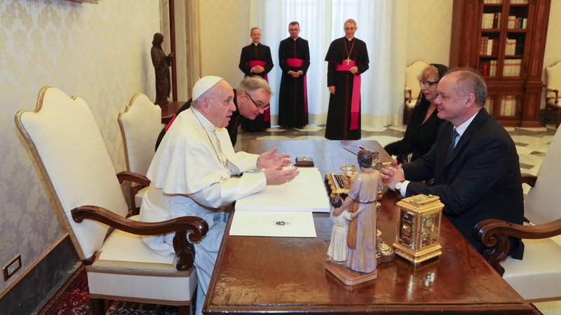 Pope Francis talks with Slovakian President Andrej Kiska during a private meeting Dec. 14, 2018 at the Vatican. (CNS photo/Alessandro Bianchi, pool via Reuters)