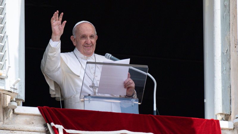 Pope Francis greets the crowd gathered in St. Peter's Square at the Vatican for the midday recitation of the Angelus July 4, 2021. After speaking about the day's Gospel reading and leading the prayer, Pope Francis went to Rome's Gemelli hospital for colon surgery. (CNS photo/Vatican Media)
