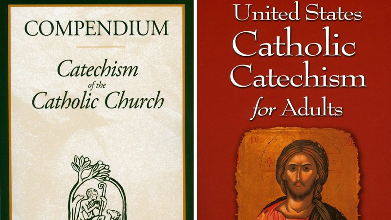 This is a composite photo of the books "Compendium of the Catechism of the Catholic Church," and the "U.S. Catholic Catechism for Adults." (CNS composite/U.S. Conference of Catholic Bishops)