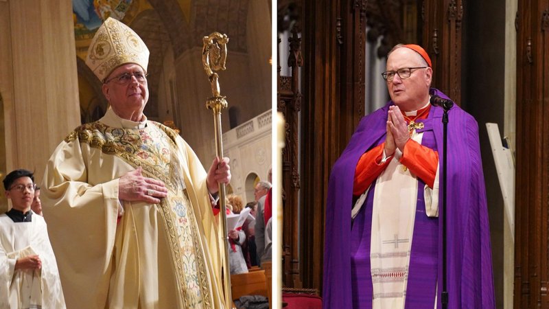 Archbishop Joseph F. Naumann of Kansas City, Kan., chairman of the the U.S. Conference of Catholic Bishops' Committee on Pro-Life Activities, and New York Cardinal Timothy M. Dolan, chairman of the USCCB's Committee for Religious Liberty, are seen in this composite photo. (CNS composite; photos by Long Island Catholic and Gregory A. Shemitz)