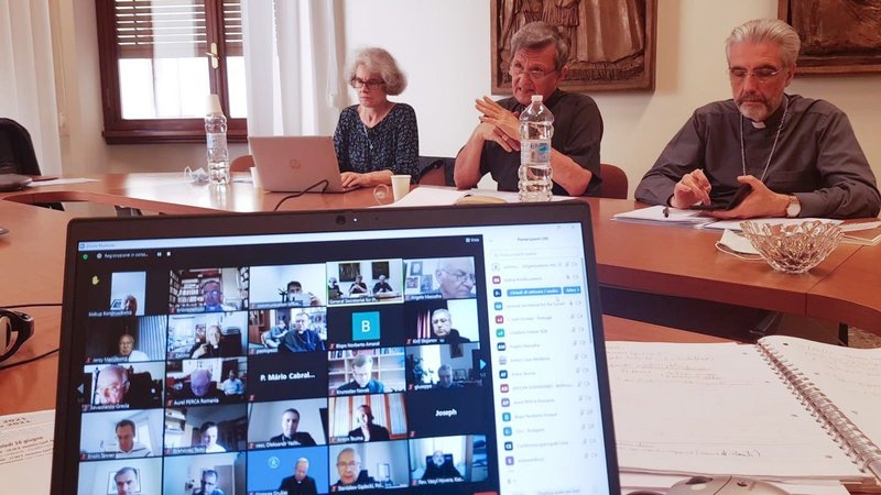 Leaders of the secretariat of the Synod of Bishops are pictured at the Vatican during an online meeting with presidents and general secretaries of national and regional bishops' conferences June 15, 2021. The Vatican recently released the names of two commissions charged with assisting the leaders of the Synod of Bishops' general secretariat in reviewing documents, drafting resources and developing best practices for the 2023 Synod of Bishops on synodality. (CNS photo/courtesy Synod of Bishops)