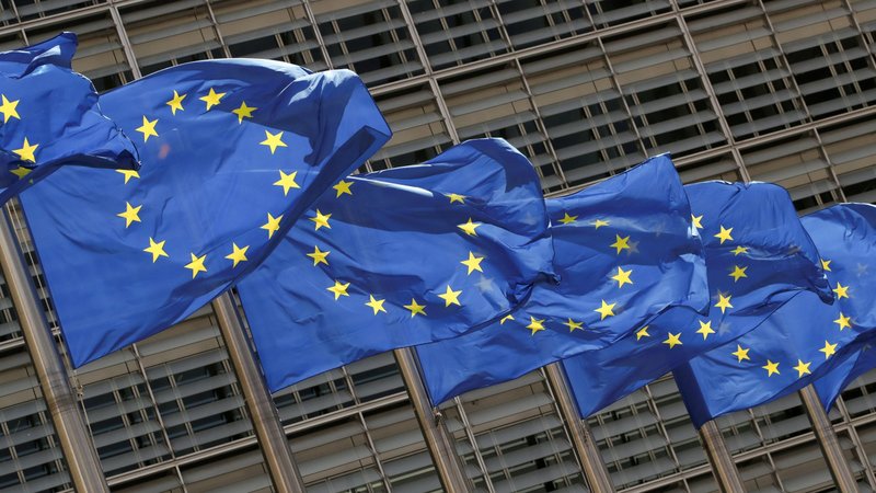 European Union flags flutter outside the EU headquarters in Brussels July 15, 2021. (CNS photo/Yves Herman, Reuters)