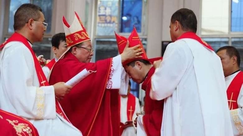 Father Anthony Li Hui, center right, is ordained as coadjutor bishop in the cathedral of the Diocese of Pingliang, China, July 28, 2021. He became the fifth Chinese bishop appointed under the terms of a Vatican-China agreement signed in 2018 and renewed in 2020, the Vatican press office said. (CNS photo/www.chinacatholic.cn) Editors: best quality available.