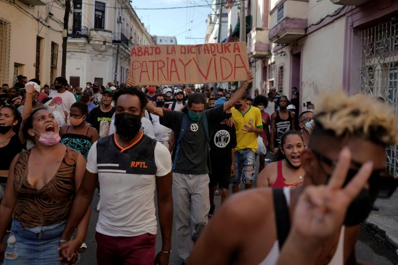 People in Havana shout slogans against the government July 11, 2021, amid the coronavirus pandemic. (CNS photo/Alexandre Meneghini, Reuters)