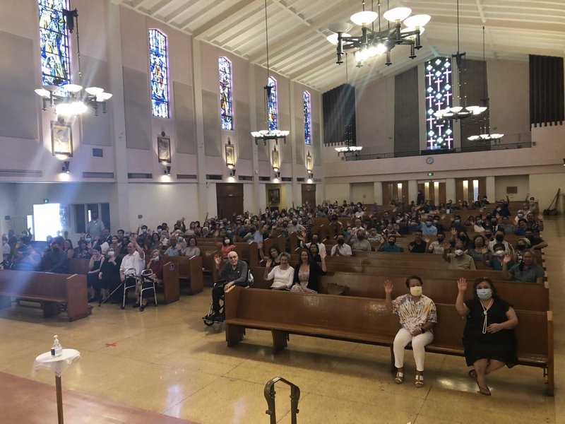 Parishioners packed the pews at St. Anthony Church in San Gabriel after COVID-19 restrictions were lifted.