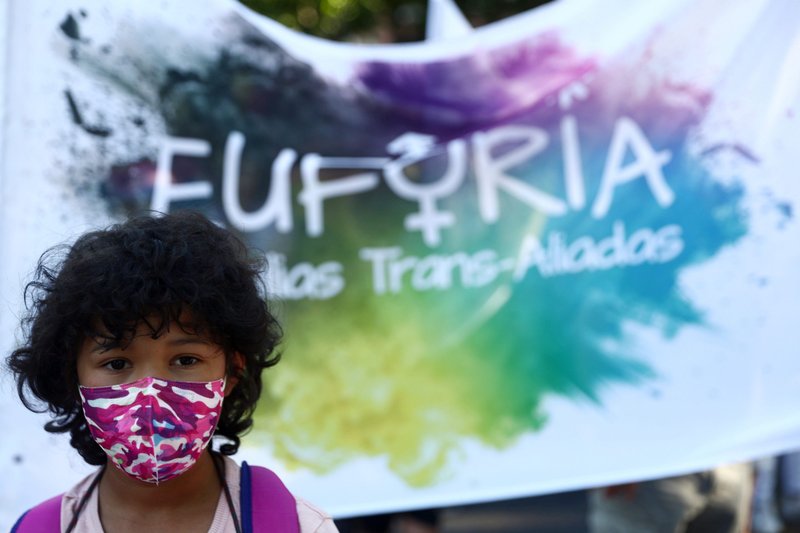 Pete, 9, a transgender minor, holds a banner as he takes part in a protest to mark LGBT Pride Day in Madrid June 28, 2021. (CNS photo/ Sergio Perez, Reuters)