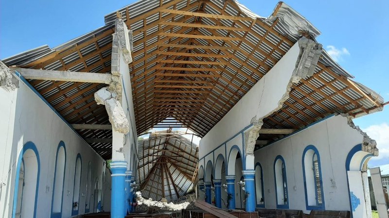 The destroyed Immaculate Conception Church is pictured in Les Anglais, Haiti, Aug. 14, 2021, after a magnitude 7.2 earthquake. At least 18 people were reported killed in the church. (CNS photo/courtesy AVSI)