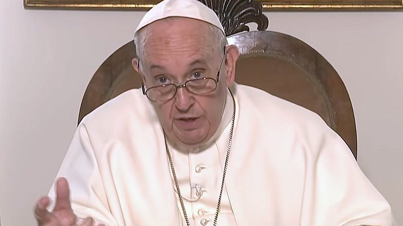 In an Aug. 13, 2021, video message to a virtual conference of religious men and women from Latin America and the Caribbean, Pope Francis urged them to offer a joyful witness to the people they serve. (CNS screenshot/Vatican Media)