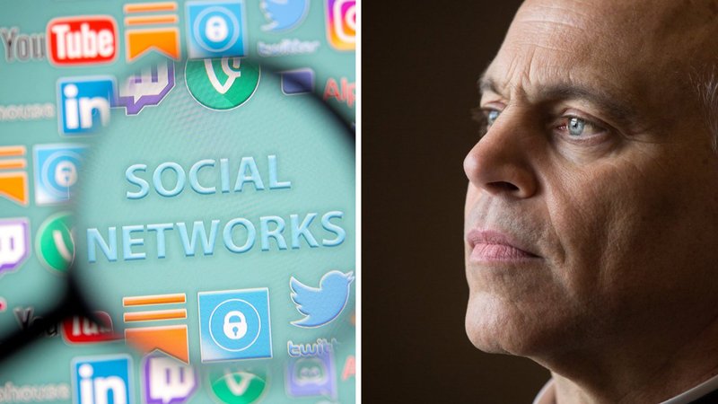 Social media logos and San Francisco Archbishop Salvatore J. Cordileone are seen in this composite photo. (CNS composite; photos by Dado Ruvic, Reuters, and Lisa Johnston, St. Louis Review)