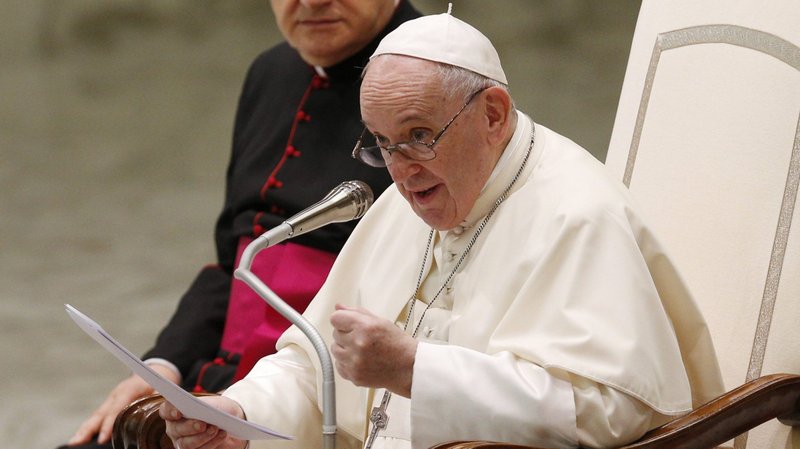 Pope Francis leads his general audience in the Paul VI hall at the Vatican Aug. 25, 2021. (CNS photo/Paul Haring)