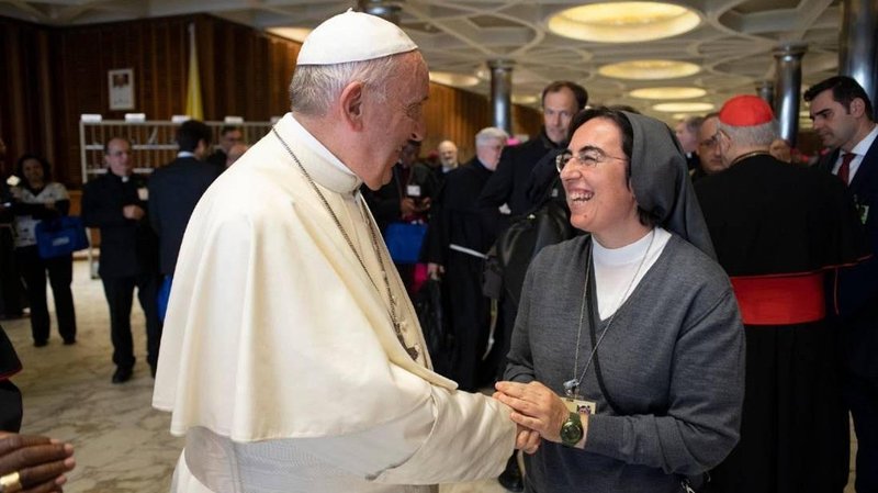 Pope Francis has named Salesian Sister Alessandra Smerilli as secretary ad interim of the Dicastery for Promoting Integral Human Development. Sister Smerilli is pictured meeting the pope at the Vatican in an undated photo. (CNS photo/Vatican Media, courtesy Dicastery for Promoting Integral Human Development)
