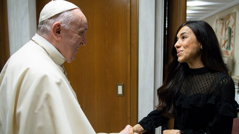 Pope Francis meets with Nobel Peace Prize laureate Nadia Murad during a private meeting at the Vatican Aug. 26, 2021. Murad was kidnapped by Islamic State militants in Iraq in 2014 during a genocidal campaign against the Yazidi people. (CNS photo/Vatican Media)