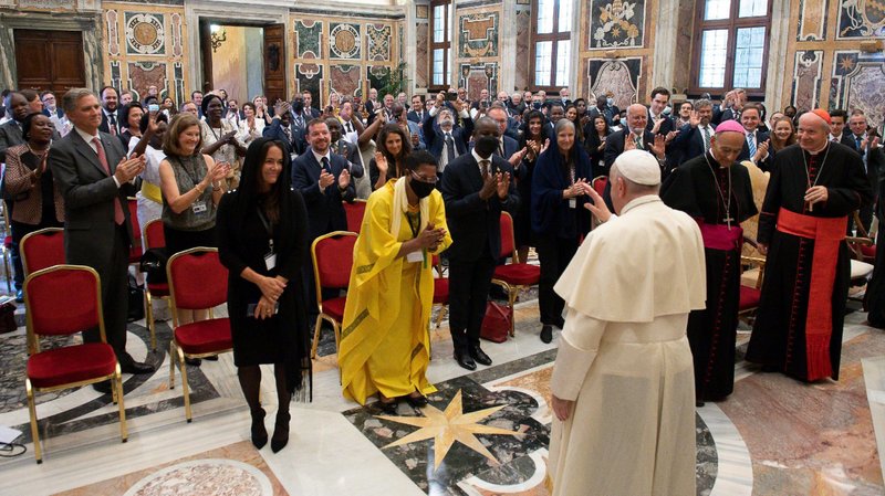 Pope Francis greets members of the International Catholic Legislators Network during an audience at the Vatican Aug. 27, 2021. The pope spoke to Catholic and Christian legislators about the need to regulate and develop sound policies regarding today's digital technology, specifically targeting the problems of child pornography, personal data violations, cyber attacks on critical infrastructures and fake news. (CNS photo/Vatican Media)