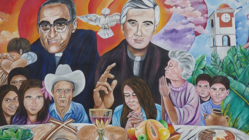 A painting of St. Oscar Romero and Jesuit Father Rutilio Grande is seen in the rectory of San Jose Church in Aguilares, El Salvador. Four Salvadorans, including a teenage boy, Jesuit Father Rutilio Grande and Franciscan Father Cosme Spessotto, will be beatified in El Salvador Jan. 22, 2022, a Salvadoran bishop has confirmed. (CNS photo/Octavio Duran)