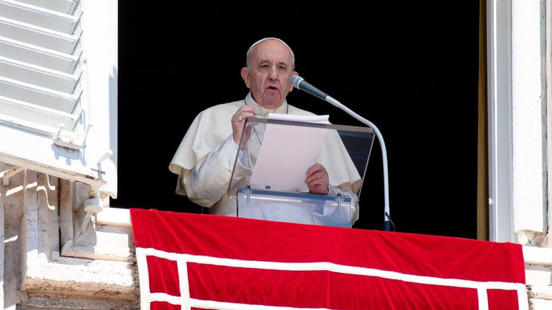 Pope Francis speaks as he leads the Angelus from the window of his studio overlooking St. Peter's Square at the Vatican Aug. 29, 2021. The pope appealed for intensified prayers and fasting for the situation in Afghanistan. (CNS photo/Vatican Media)