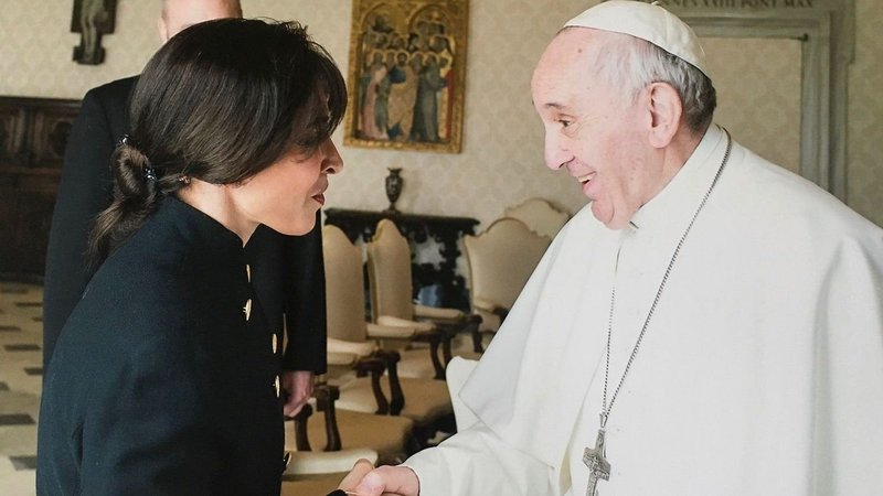Pope Francis appointed Argentine theologian Emilce Cuda as the new head of office of the Pontifical Commission for Latin America, a position she assumes Sept. 1, 2021. Cuda is pictured with the pope at the Vatican March 17, 2017. (CNS photo/Vatican Media)