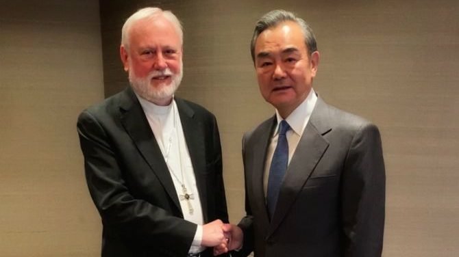 Archbishop Paul Gallagher, Secretary for Relations with States of the Holy See, meets with Wang Yi, China's foreign minister, in Munich, Feb. 14, 2020. (Vatican Media via CNA)