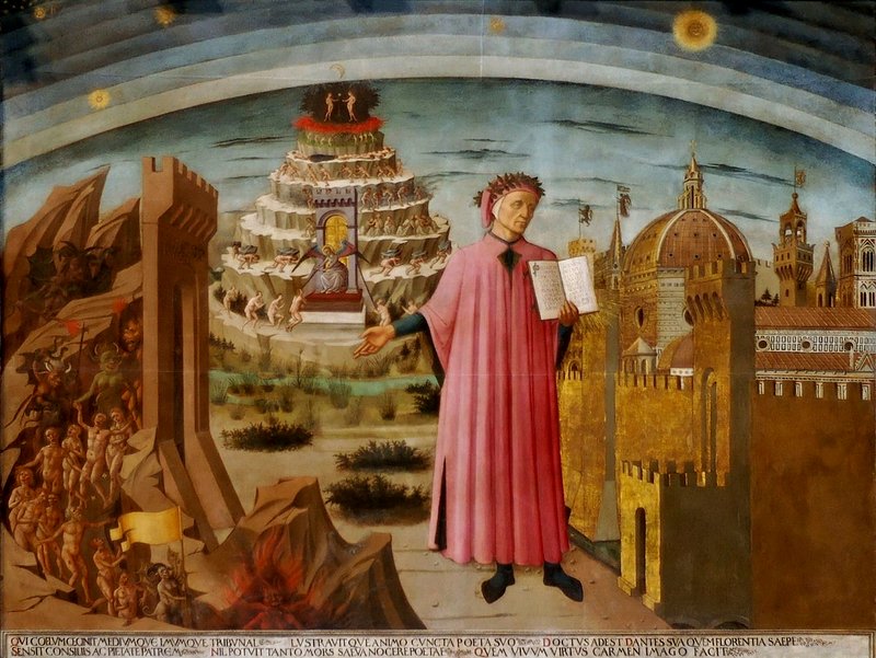 Dante holds a copy of "The Divine Comedy" next to the entrance to hell, the seven terraces of Mount Purgatory, and the city of Florence, with the spheres of heaven above. This fresco painting is by Domenico di Michelino, 1465. (Wikimedia Commons)