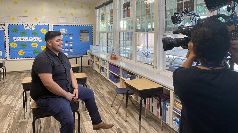 Pablo Tiznado is interviewed for “Despierta America” in his classroom. (Adrian Marquez)