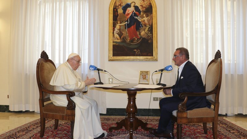 Pope Francis speaks during an interview with Carlos Herrera of COPE, the radio network owned by the Spanish bishops' conference, at the Vatican in late August. In a 90-minute interview, the pope addressed the situation in Afghanistan, the legalization of euthanasia in Spain and the question of Catalan independence. He also spoke about his own health. (CNS photo/courtesy COPE)