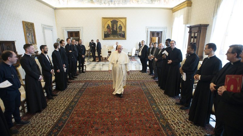 Pope Francis arrives June 7, 2021, for an audience at the Vatican with priests staying at the St. Louis of France residence for clergy in Rome. Pope Francis has named a Chilean priest who had testified against his abusive mentor to be secretary of the Vatican Congregation for Clergy. (CNS photo/Vatican Media)