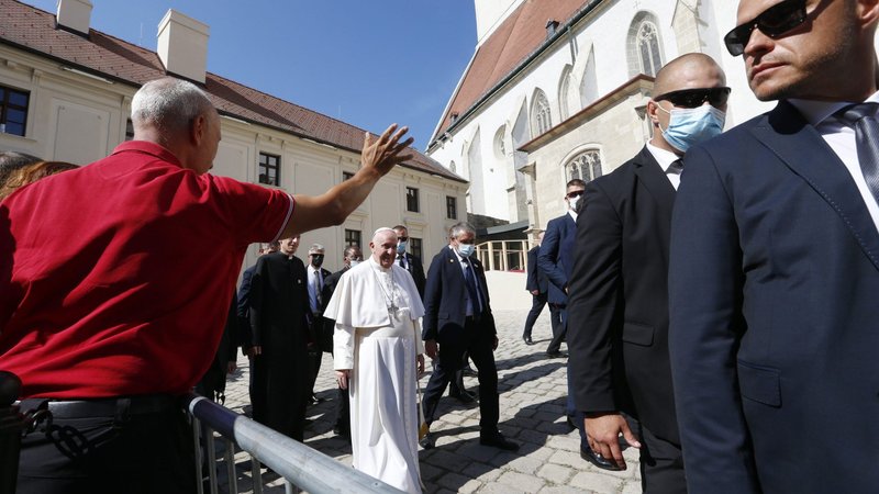 Pope Francis leaves after leading a meeting with priests, men and women religious, seminarians and catechists at the Cathedral of St. Martin in Bratislava, Slovakia, Sept. 13, 2021. (CNS photo/Paul Haring)