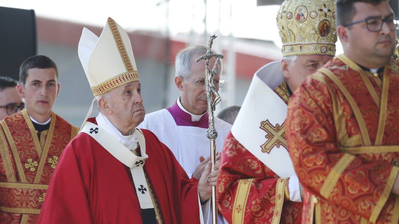 Pope Francis arrives to celebrate a Byzantine Divine Liturgy of St. John Chrysostom at Mestská portová hala Square in Preov, Slovakia, Sept. 14, 2021. (CNS photo/Paul Haring)