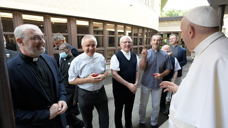 Pope Francis talks with members of the Society of Jesus at the apostolic nunciature in Bratislava, Slovakia, Sept. 12, 2021. During a private meeting, the pope spoke to the Jesuits about his health, the pastoral work of Jesuits in Slovakia, and how he deals with suspicions or criticisms. (CNS photo/Vatican Media)