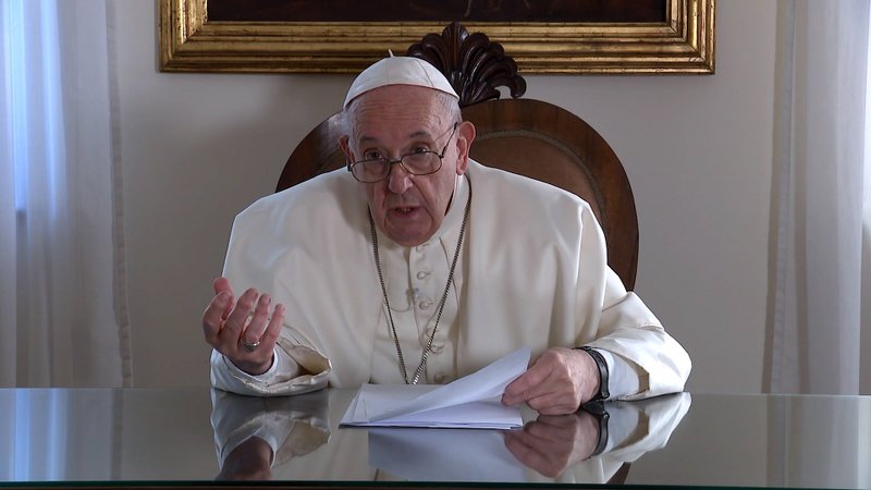 Pope Francis speaks in this still frame from a recorded video message released Sept. 29, 2021, to a Youth 4 Climate seminar on the promotion of sustainable education, in the run-up to the November U.N. Climate Change Conference. (CNS photo/Vatican)
