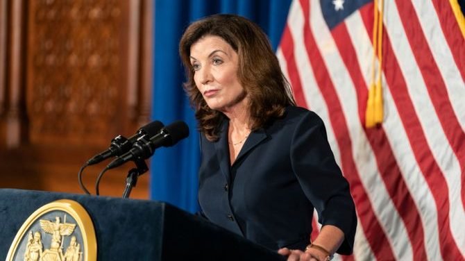 Aug. 11, 2021: Then-Lieutenant Governor Kathy Hochul addresses people of New York at the state capitol building in Albany.(lev radin/Shutterstock via CNA)