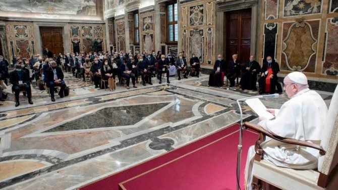 Pope Francis addresses participants in the plenary assembly of the Pontifical Academy for Life in the Vatican’s Clementine Hall, Sept. 27, 2021. (Vatican Media via CNA)