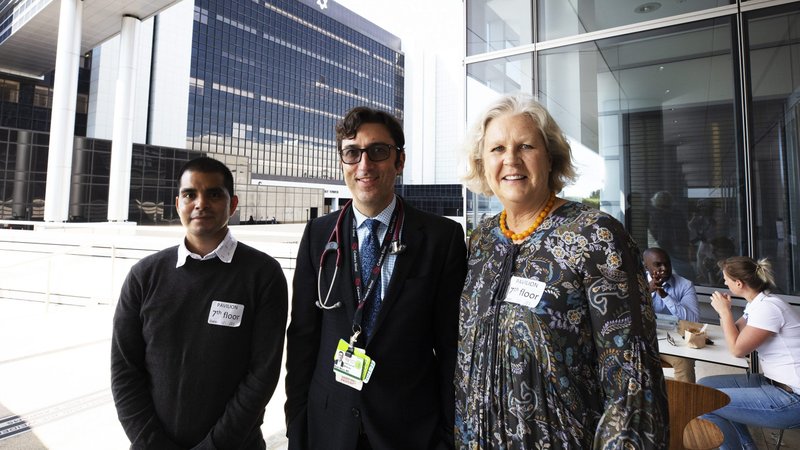 Diego at Cedars-Sinai Medical Center after a follow-up visit with hematologist-oncologist Dr. Noah Merin (center). At right is Diego's "American Mom," Corpus Christi parishioner Carol Sanborn. (Victor Alemán)