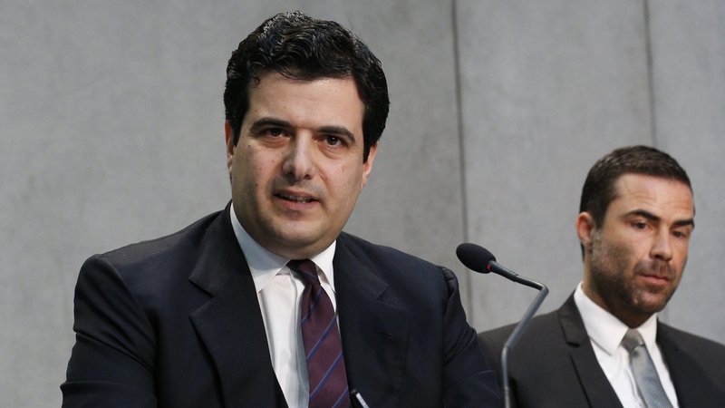 Tommaso Di Ruzza, then-director of the Financial Intelligence Authority, and Rene Brülhart,, then-president of the same Vatican office, are pictured at a news conference at the Vatican in this April 28, 2016, file photo. Vatican prosecutors have indicted 10 individuals and entities, including Di Ruzza and Brülhart, on charges ranging from embezzlement to money laundering and abuse of office. (CNS photo/Paul Haring)
