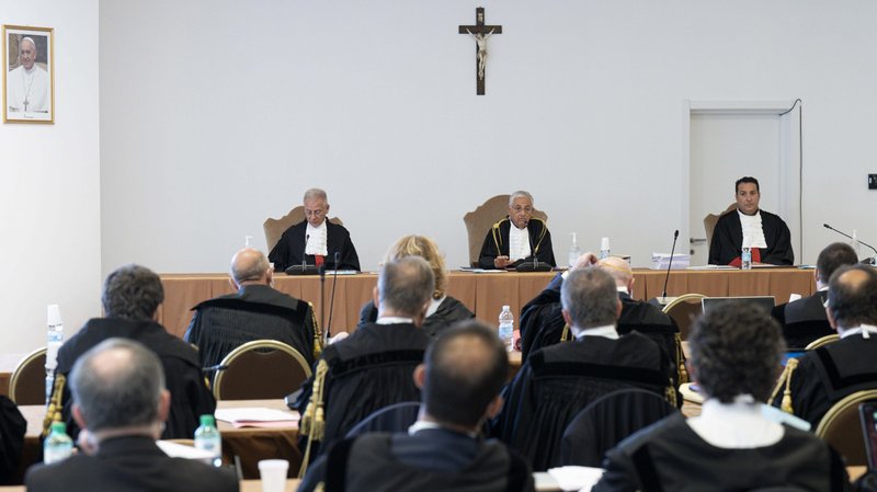 The judges of the Vatican City State criminal court face dozens of lawyers in a makeshift Vatican courtroom July 27, 2021. (CNS photo/Vatican Media)