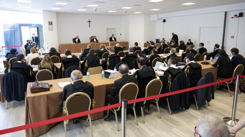 The judges of the Vatican City State criminal court face dozens of lawyers in a makeshift Vatican courtroom July 27, 2021. (CNS photo/Vatican Media)
