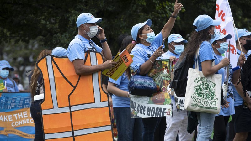 Migrant families and immigration advocates in Washington call for a pathway toward U.S. citizenship as they gather near Benjamin Banneker Park to march toward the U.S. Immigration and Customs Enforcement building Sept. 21, 2021. (CNS photo/Tyler Orsburn)