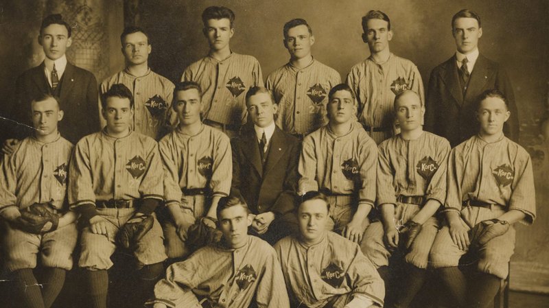 The 1915 baseball team of the Pere Marquette Knights of Columbus Council No. 271 in Boston is seen in this photo from a new online exhibit on baseball put together by the Knights' Blessed Michael McGivney Pilgrimage Center in New Haven, Conn. The team was considered the "fastest baseball team representing the Order in Greater Boston." This photograph is a gift of the family of Bernard J. McDonnell, member and manager of the 1915 team. (CNS photo/courtesy Knights of Columbus Multimedia Archives)