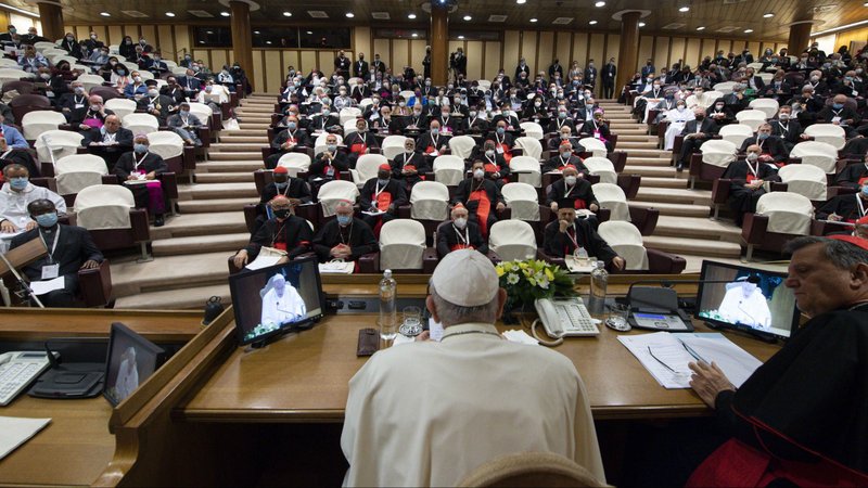 Pope Francis leads a meeting with representatives of bishops' conferences from around the world at the Vatican Oct. 9, 2021. The meeting came as the Vatican launches the process that will lead up to the assembly of the world Synod of Bishops in 2023. (CNS photo/Paul Haring)