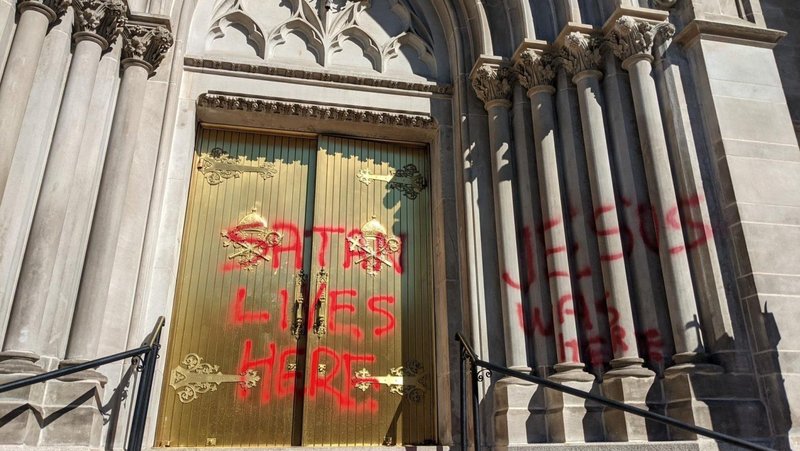 The Cathedral Basilica of the Immaculate Conception in Denver is seen vandalized Oct. 10, 2021. Since February 2020, the Archdiocese of Denver is aware of 25 parishes or ministry locations in northern Colorado that have been the target of vandalism, property destruction or theft. (Archdiocese of Denver via CNS)