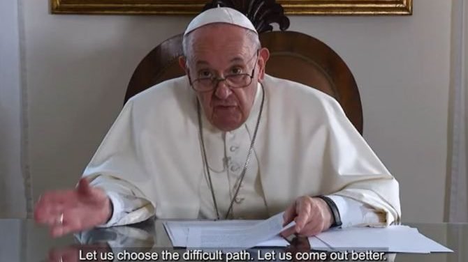 A screenshot of Pope Francis speaking during the fourth World Meeting of Popular Movements Oct. 16, 2021. (CNA)