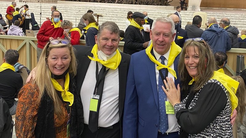 Tracy and Paul Satterfield, left, from the Archdiocese of Kansas City, Kansas, and Frank and Marci VanPelt attend Pope Francis' audience with members of Retrouvaille at the Vatican Nov. 6, 2021. (CNS photo/courtesy Paul Satterfield)