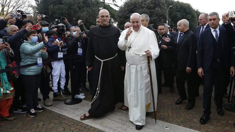 Pope Francis arrives for a meeting with the poor at the Basilica of St. Mary of the Angels in Assisi, Italy, Nov. 12, 2021. The visit was in preparation for the celebration of the World Day of the Poor. (CNS photo/Paul Haring)