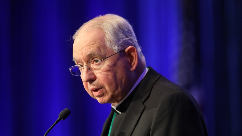 Archbishop José H. Gomez of Los Angeles, president of the U.S. Conference of Catholic Bishops, gives his presidential address Nov. 16, 2021, during a session of the bishops' fall general assembly in Baltimore. Due to the COVID-19 pandemic, it is the first in-person bishops' meeting since 2019. (CNS photo/Bob Roller)