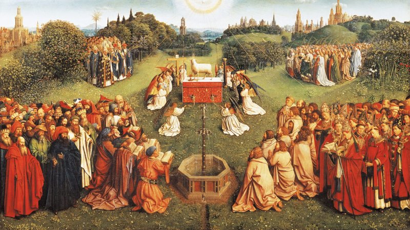 "Adoration of the Mystic Lamb," the central panel of the Ghent Altarpiece by Jan van Eyck, 1432. (Wikimedia Commons)
