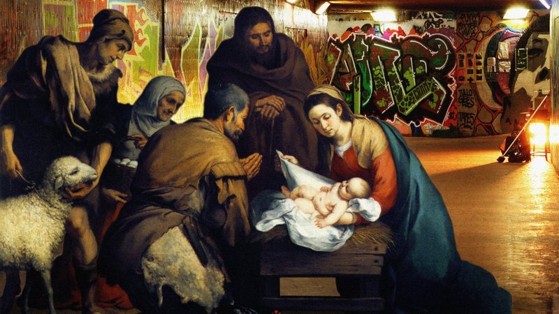 The Holy Family at the Nativity is depicted in this digital collage by Trygve Skogrand. (CNS illustration/Bridgeman Images)