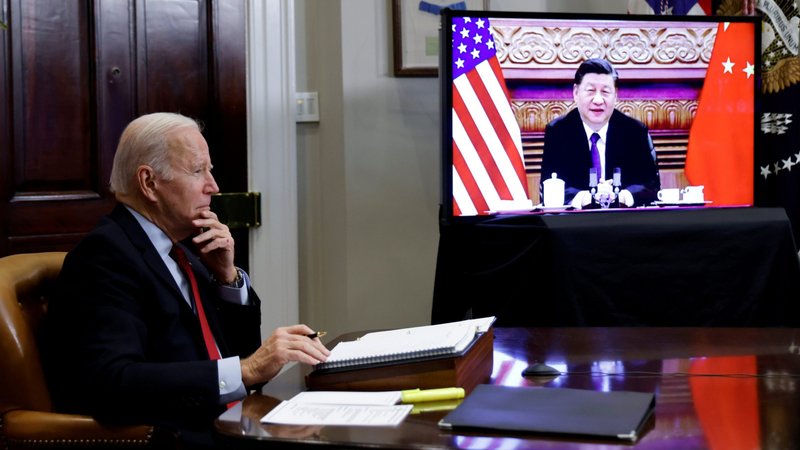 President Joe Biden speaks virtually with Chinese leader Xi Jinping from the White House in Washington Nov. 15, 2021. The White House announced Dec. 6 that the U.S. will stage a diplomatic boycott of the Feb. 4-20 Winter Olympics to protest Chinese human rights abuses. (CNS photo/Jonathan Ernst, Reuters)