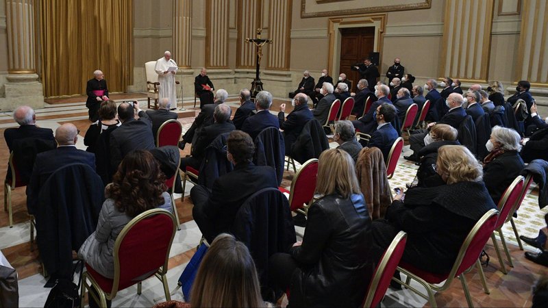 Pope Francis speaks to members of the Italian Catholic Jurists Union at the Vatican Dec. 10, 2021. The pope called on Catholic jurists to protect the rights of the weakest. (CNS photo/Vatican Media)