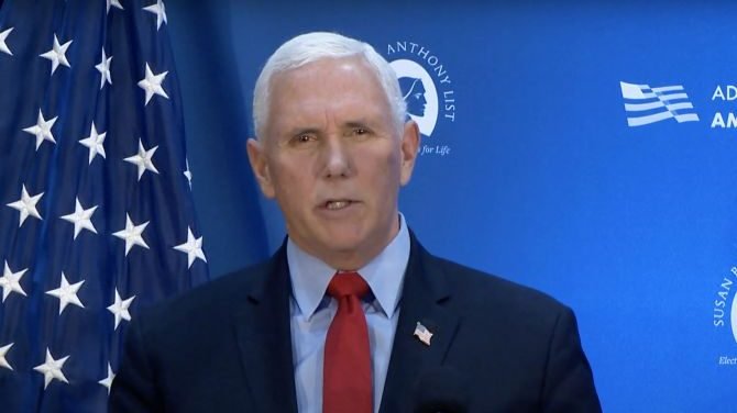 Former US Vice President Mike Pence speaks at the National Press Club in Washington, D.C., Nov. 30, 2021. (Screenshot taken from Susan B. Anthony List livestream via CNA)