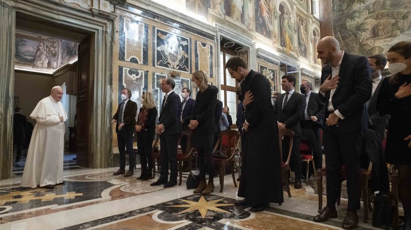Pope Francis leads a meeting with a group of 90 business leaders from France at the Vatican Jan. 7, 2022. (CNS photo/Vatican Media)