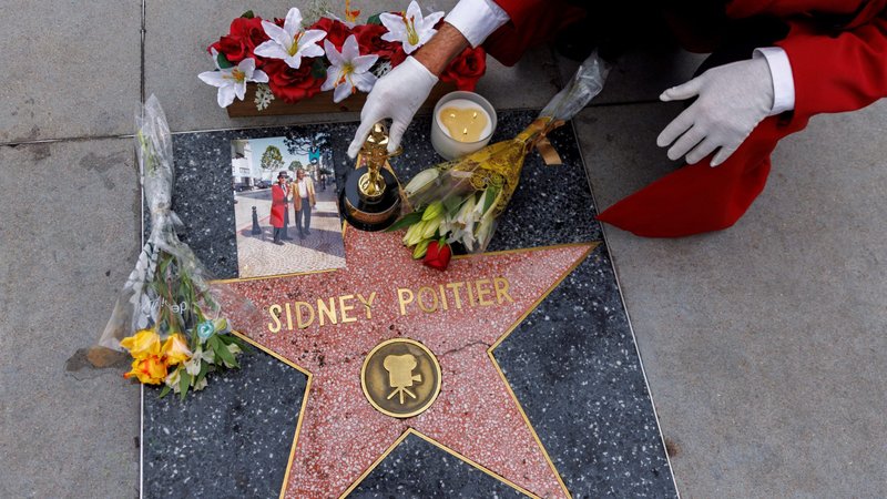 A makeshift memorial for Sidney Poitier is seen on Hollywood Boulevard's "Walk of Fame," in Los Angeles Jan. 7, 2022. (CNS photo/Mike Blake, Reuters)
